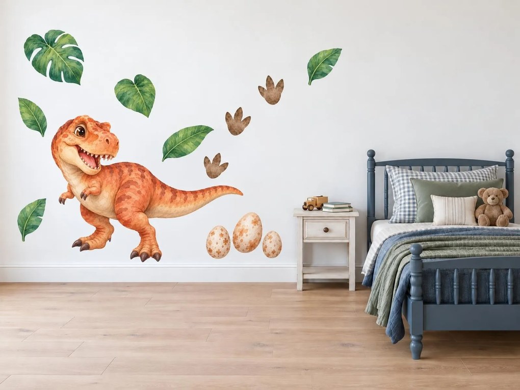 Usmievavý tyranosaurus s vajíčkami akvarelové nálepky na stenu do chlapčenskej izby arch 46 x 34 cm