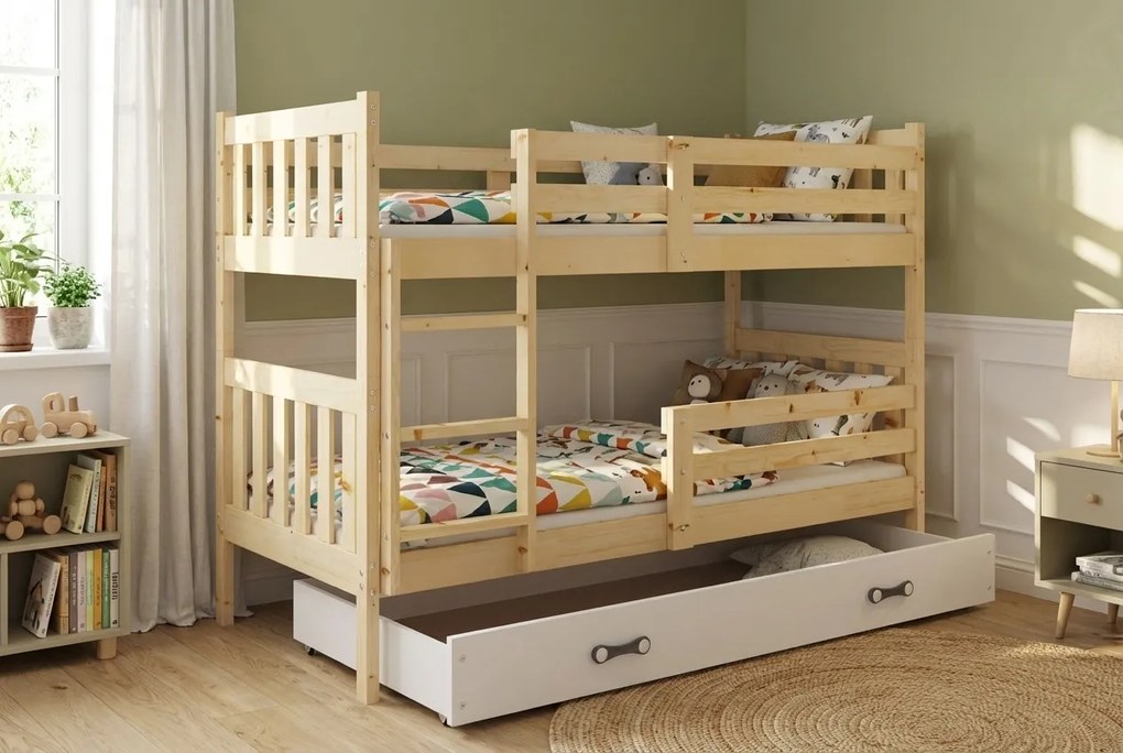 Poschodová posteľ so zásuvkou a matracmi NATURAL 200x90 borovica - biela
