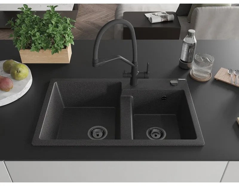 Mexen Tomas, 2-komorový granitový drez 800x500x190 mm a kuchynská batéria Duo, čierna škvrnitá, 6516-76-671701-70-B