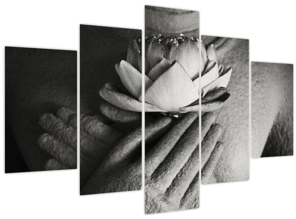 Obraz - Lotos v rukách Budhu (150x105 cm)