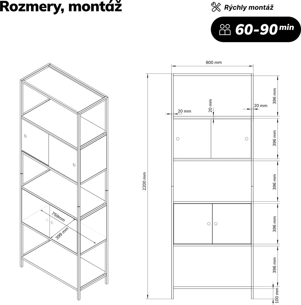 Regál na šanóny s uzamykateľnou skrinkou, kancelársky, otvorené police, kovový biely/dub sonoma, 800x2200x400 mm: ARIEL Eco Design