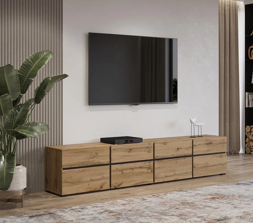 Moderný TV stolík Cross 225 cm - dub wotan / čierna