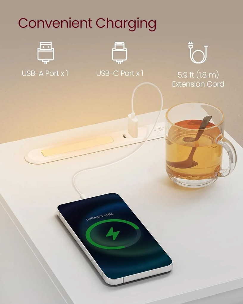Úzky nočný stolík s nabíjacou stanicou a LED svetlom, s USB portami, biely