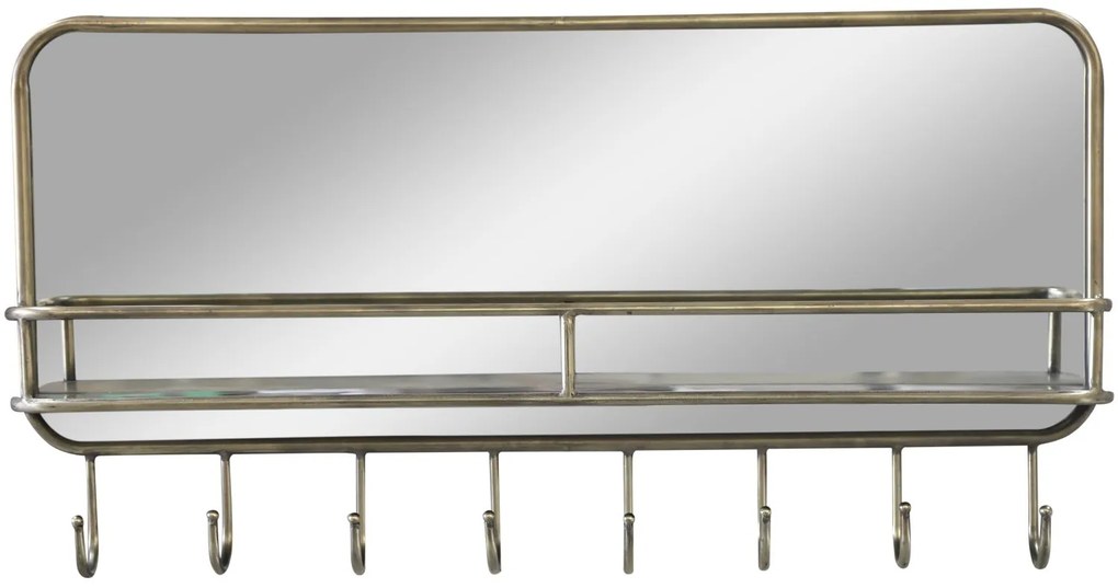 Mosadzné antik nástenné zrkadlo s háčikmi a poličkou Sany - 87 * 12 * 45 cm