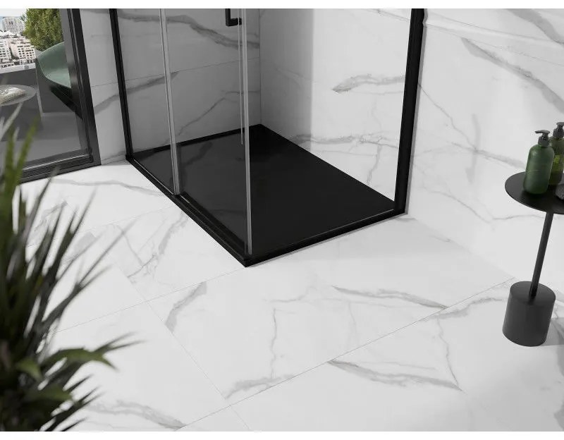 Mexen Stone+, obdĺžniková vanička z minerálneho kompozitu 130 x 80 cm, čierna, čierna krytka, 44708013-B