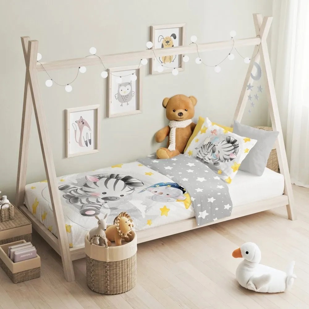 Posteľné obliečky do detskej postieľky so zebrou a medvedíkom koalou - 100% bavlna - zips - 100 × 135 cm + 40 × 60 cm