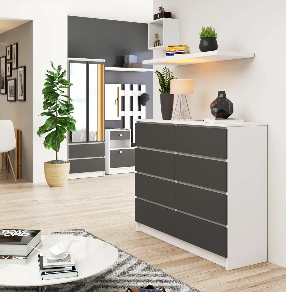 Komoda Kuba 120 cm 8 zásuviek biela/grafitová