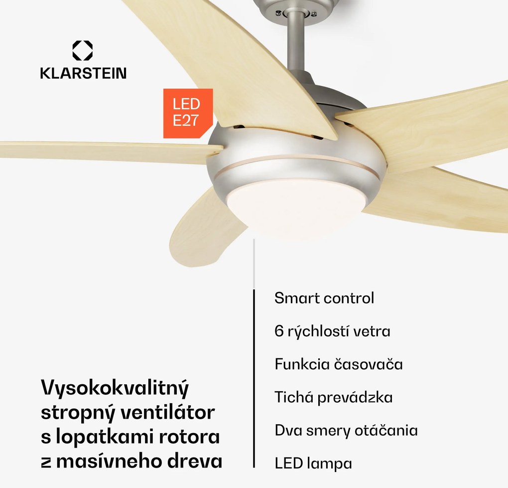 Klarstein Bolero 2 v 1 Smart, stropný ventilátor, Ø 132 cm, svetlo 55 W, diaľkové ovládanie, ovládanie cez aplikáciu, 2 smery chodu