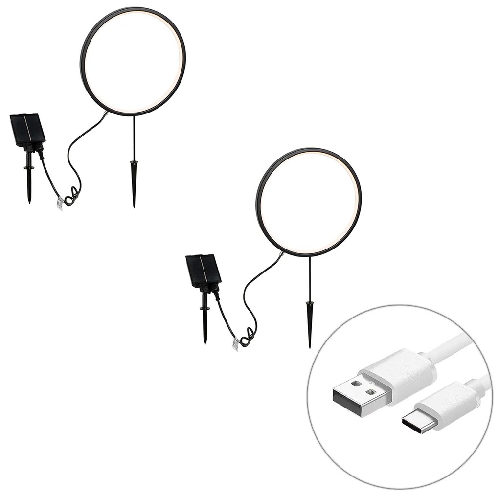 Sada 2 čiernych bodových svetiel 60 cm vrátane nabíjateľného LED a solárneho IP65 - Adalind