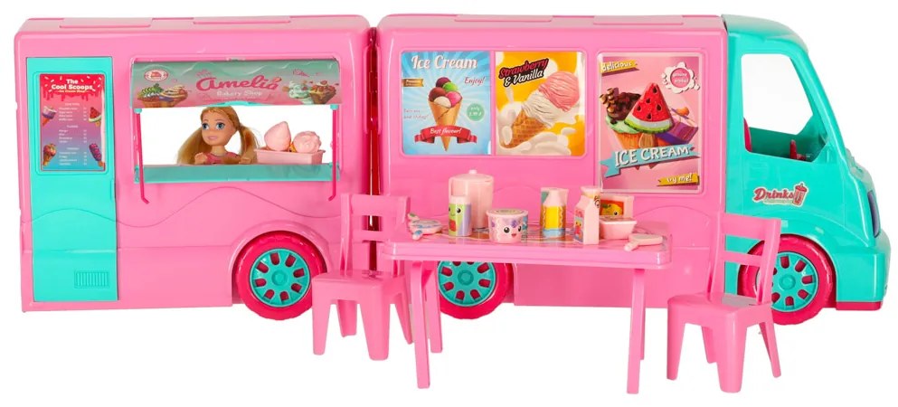 Hračka pre bábiky KIK 2v1 Karavan a Food Truck so zmrzlinou, 21-dielna sada
