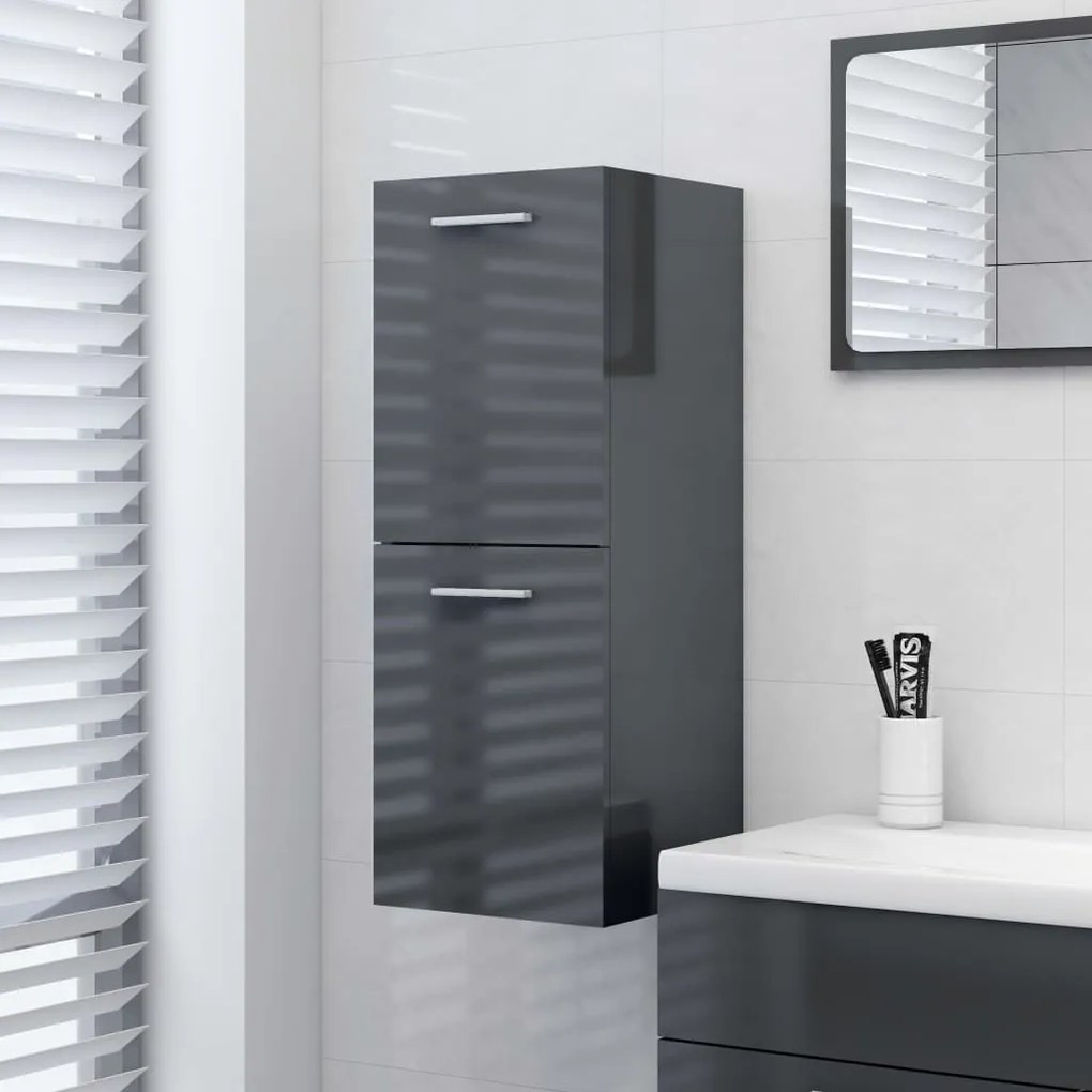 vidaXL Skrinka do kúpeľne vysokolesklá sivá 30x30x80 cm drevotrieska