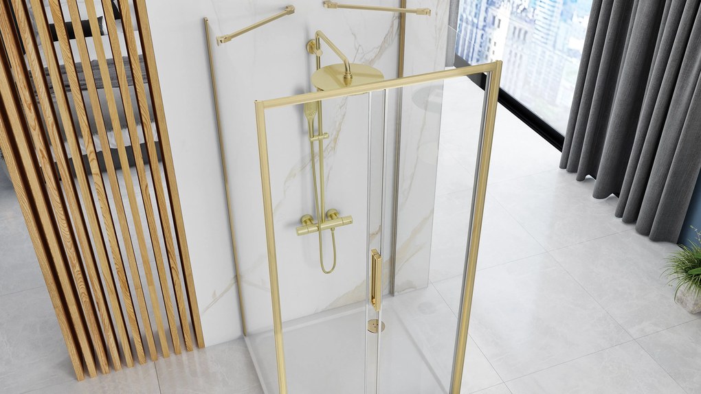 Rea Rapid Slide, 3-stenová sprchová kabína 140 (dvere) x 80(stena) x 80(stena) x 195 cm, 6mm číre sklo, zlatý matný profil, KPL-04719