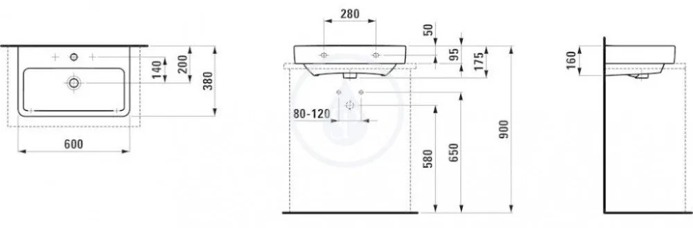 LAUFEN Pro S Umývadlo Compact, 600 mm x 380 mm, 1 otvor na batériu, bez prepadu, biela H8179590001561