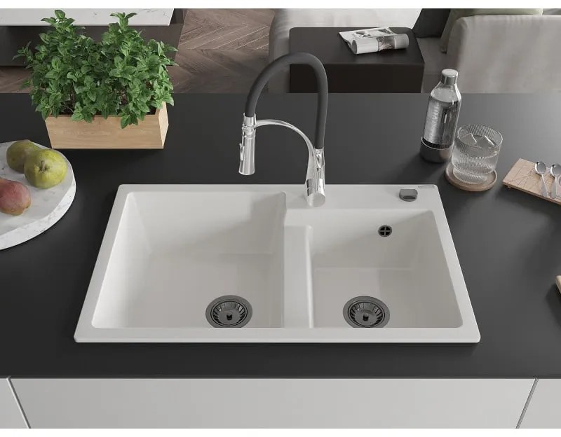 Mexen Tomas, 2-komorový granitový drez 800x500x190 mm a drezová batéria Aster, biela, 6516-20-73450-07-B