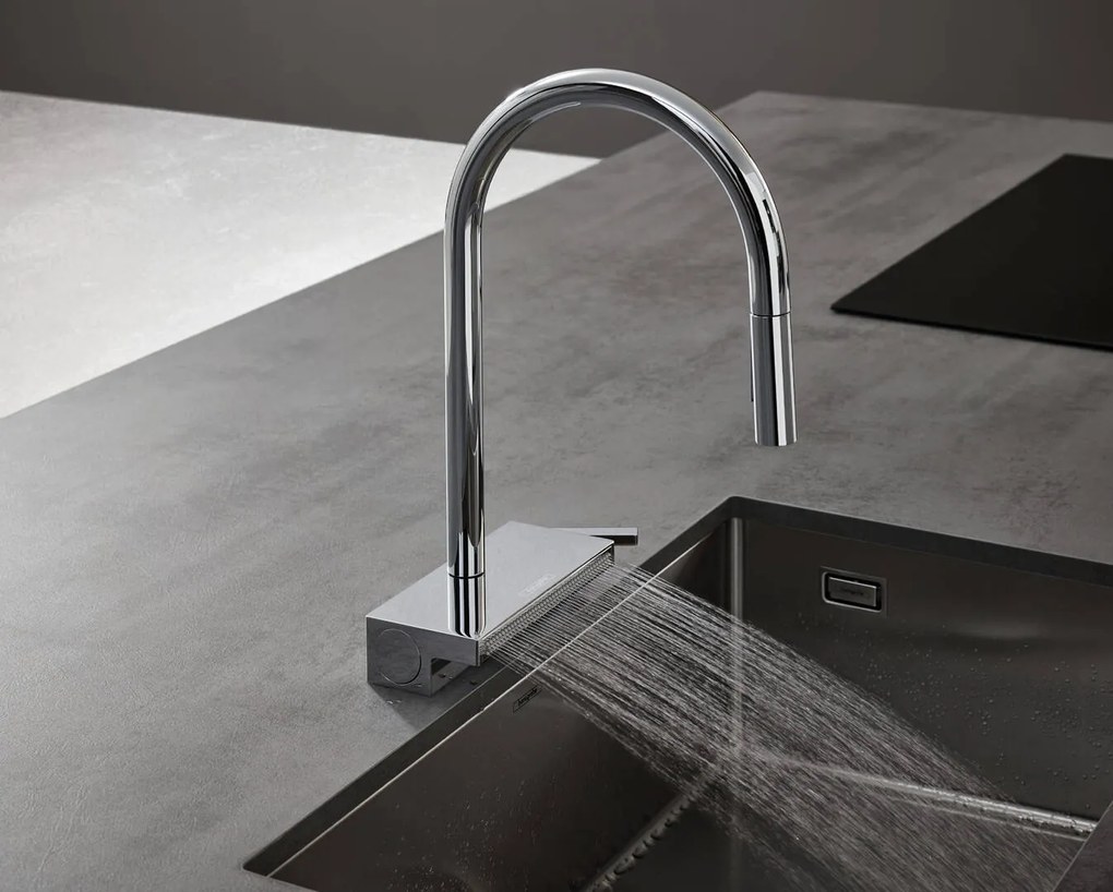 Hansgrohe M81, drezová batéria Aquno Select s výsuvnou koncovkou a plochým sprchovým prúdom, chrómová, HAN-73837000
