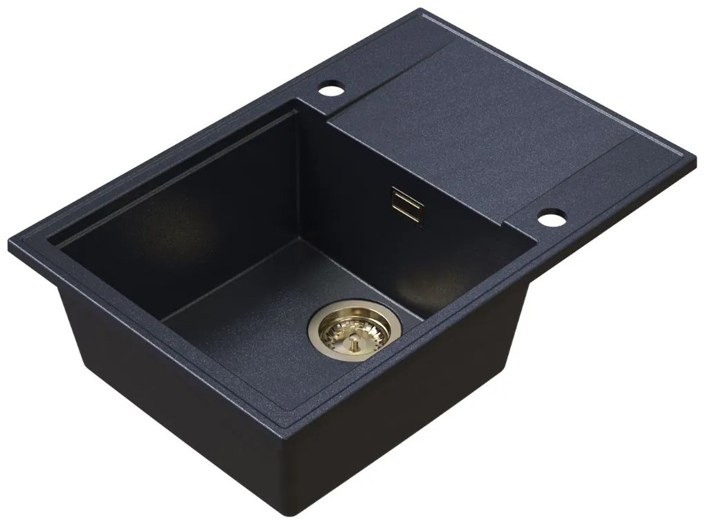 Sink Quality Sink55, kuchynský granitový drez 680x460x215 mm + zlatý sifón, čierna škvrnitá, SKQ-SINK.B.1KDO.XG
