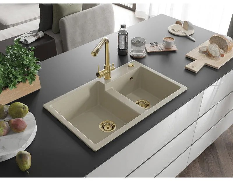 Mexen Tomas, granitový drez 800x500x190 mm, 2-komorový a zlatá batéria Duero, béžová, 6516-69-671600-50