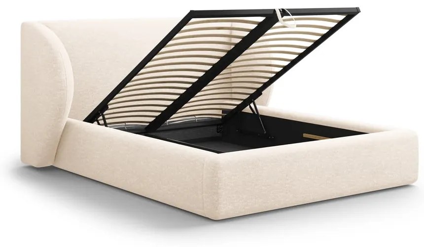 Krémová čalúnená dvojlôžková posteľ s úložným priestorom s roštom 160x200 cm Miley – Micadoni
