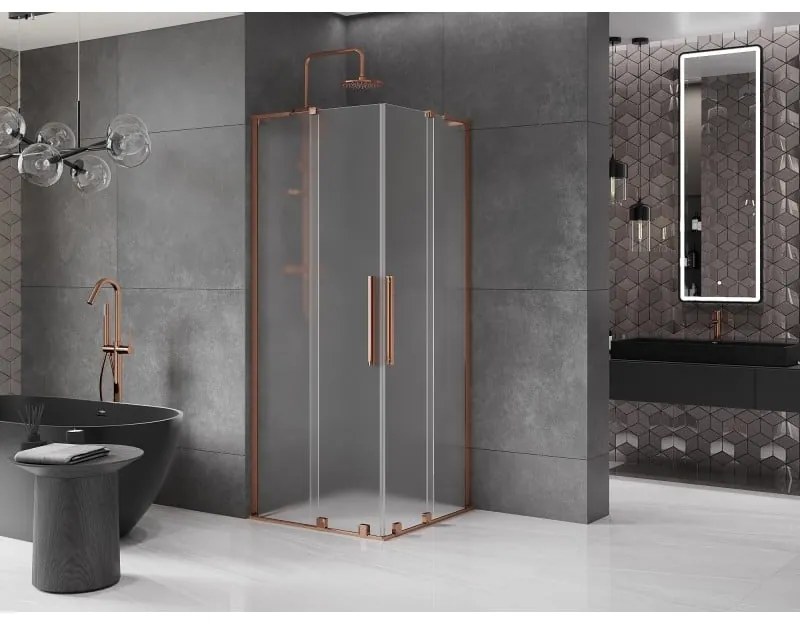 Mexen Velar L Duo, sprchový kút s posuvnými dverami 90 x 90 cm, 8mm sklo námraza, ružové zlato, 871-090-090-02-33-60