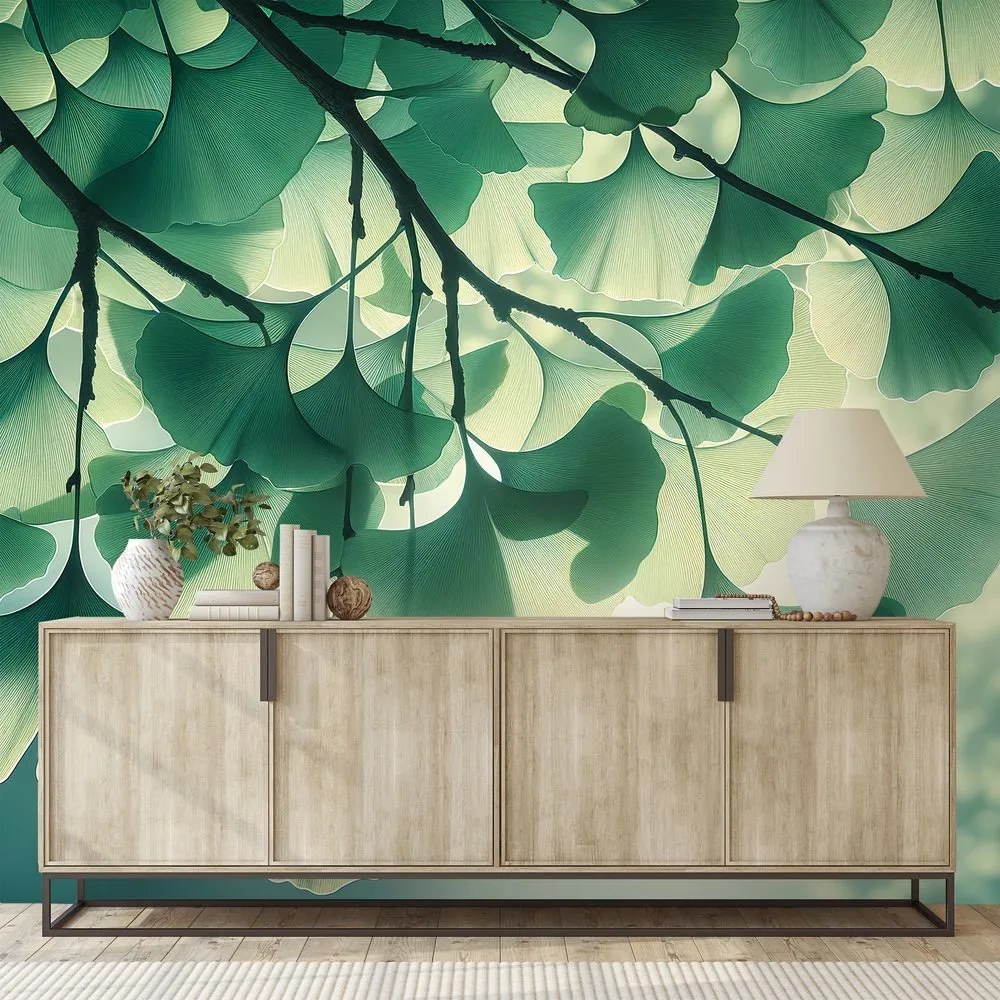 Samolepiaca tapeta zelené listy ginka v žiare svetla