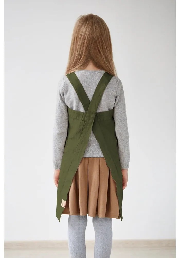 Detská tmavozelená ľanová zástera Linen Tales Pinafore, 60 x 34 cm