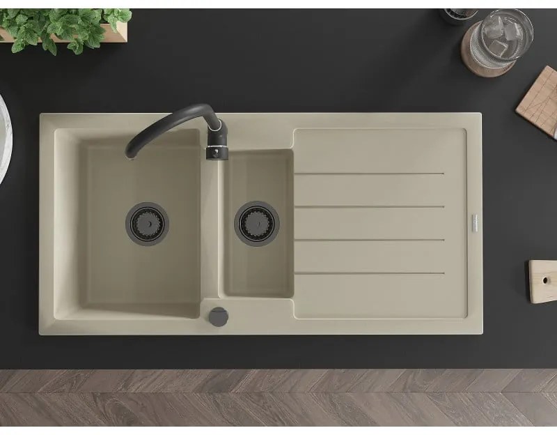 Mexen Andres, granitový drez 1000x500x200 mm, 1,5-komorový, béžová s čiernym sifónom, 6515101510-69-B
