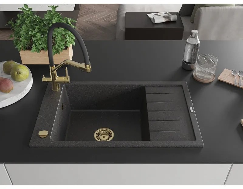 Mexen Elias, 1-komorový granitový drez 795x480x200 mm a drezová batéria Duo, čierna škvrnitá, 6511-76-671701-57-G