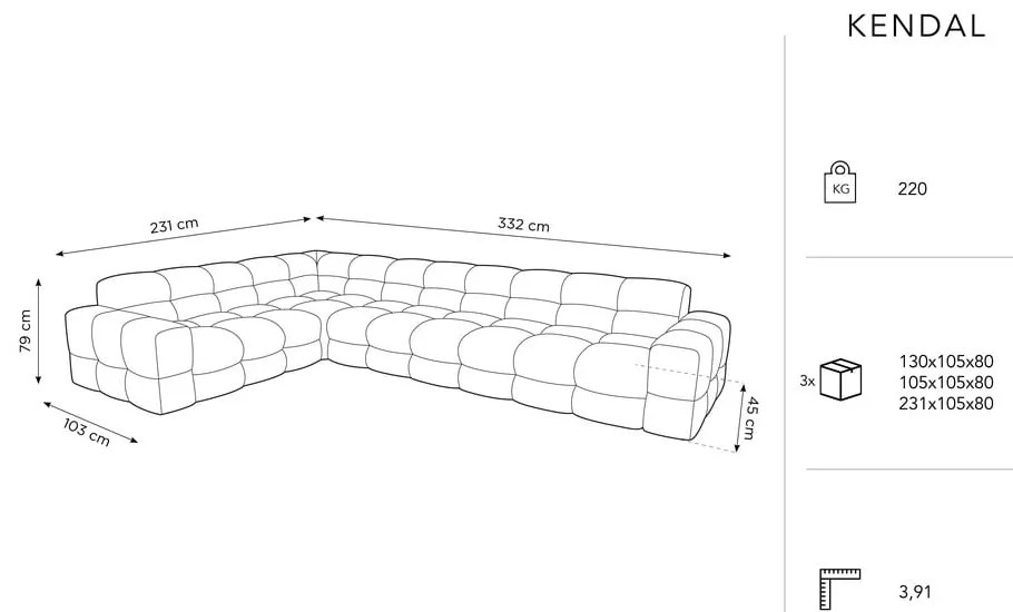 Sivá zamatová rohová pohovka (ľavý roh) Kendal - Micadoni Home