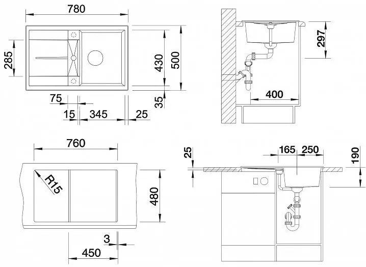 Blanco Metra 45 S, silgranitový drez 780x500x190 mm, 1-komorový, tmavá hnedá, BLA-515039