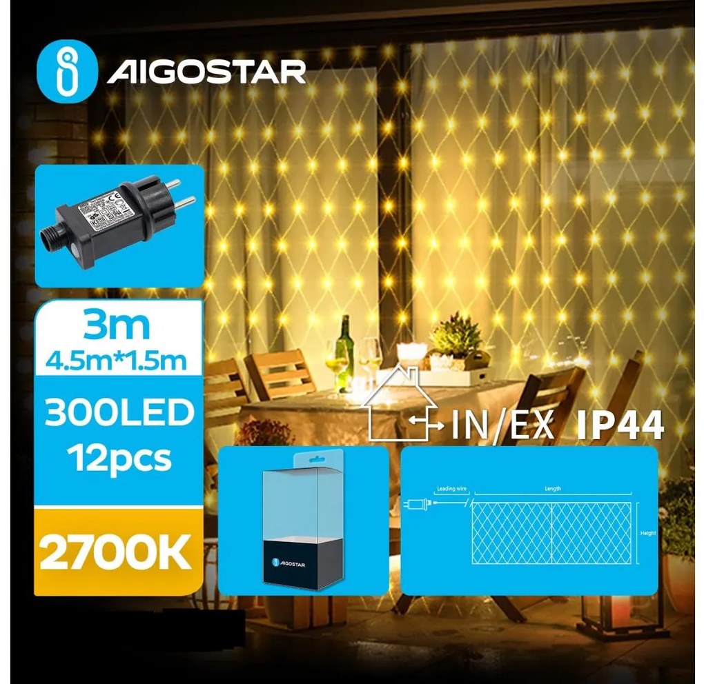 Aigostar B.V. Aigostar - LED Vonkajšia vianočná reťaz 300xLED/8 funkcií 7,5x1,5m IP44 teplá biela AI0498