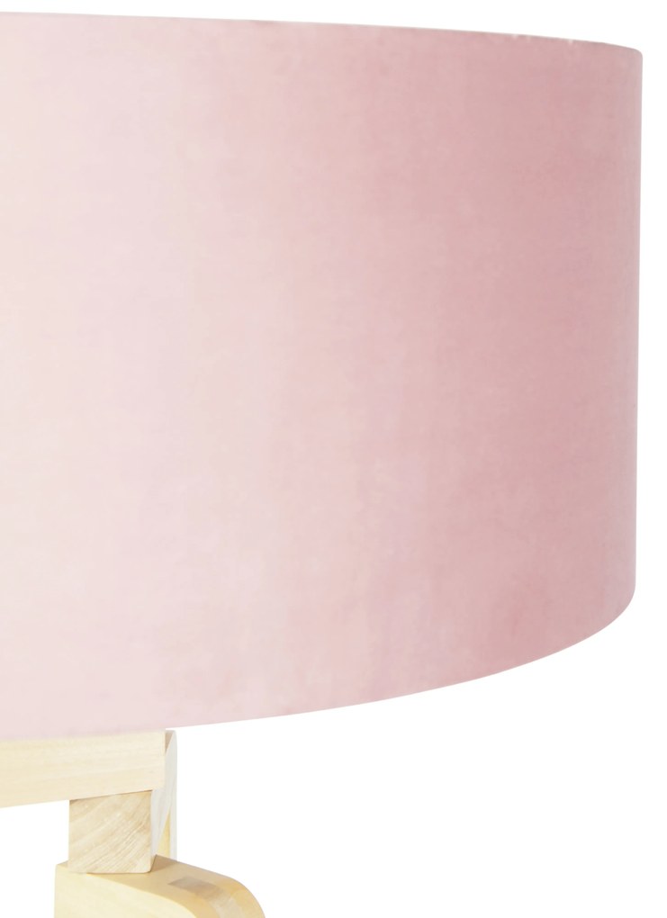 Stojaca lampa trojnožka drevo s ružovým zamatovým tienidlom 50 cm - Puros