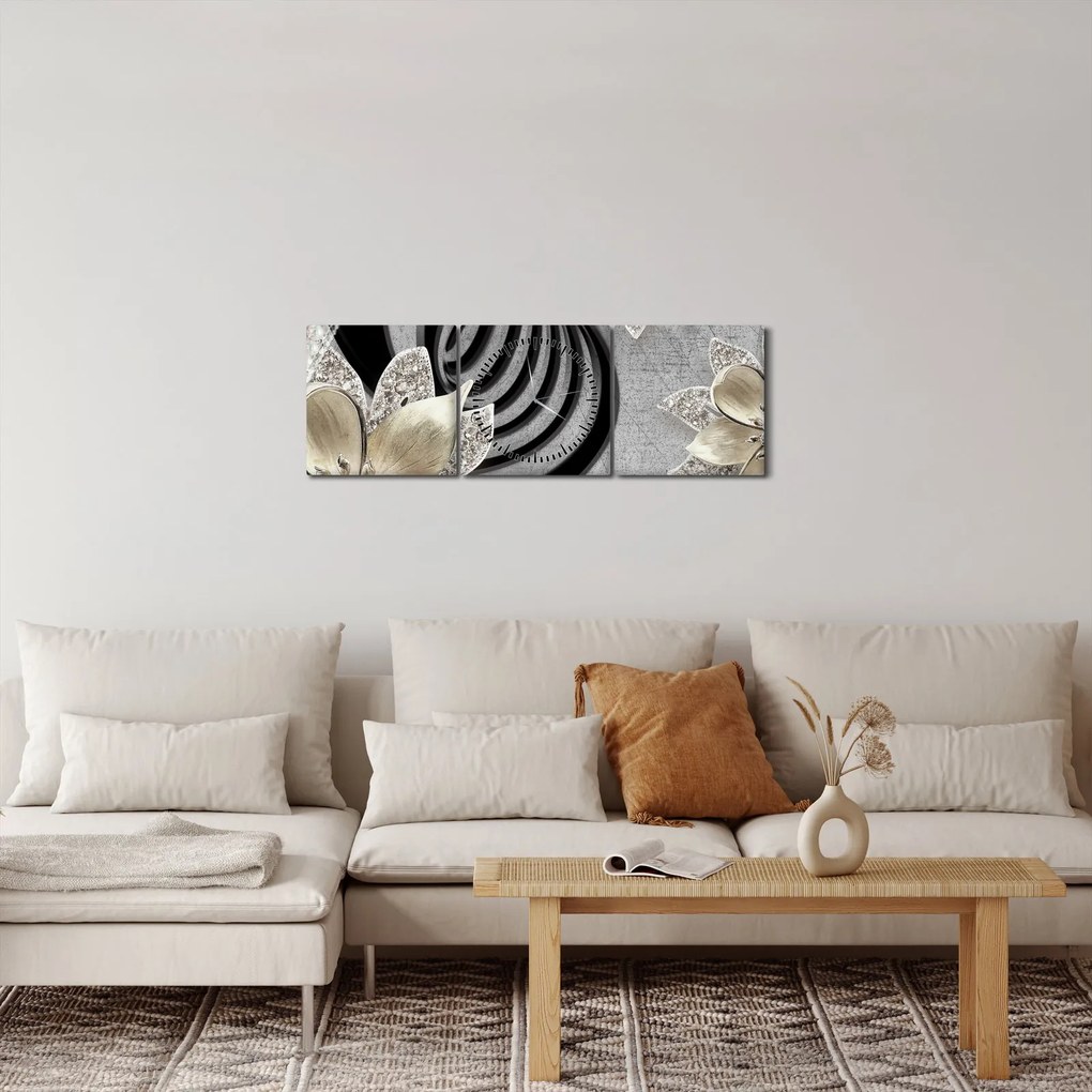 Obraz - 3D zlaté kvety (s hodinami) (90x30 cm)
