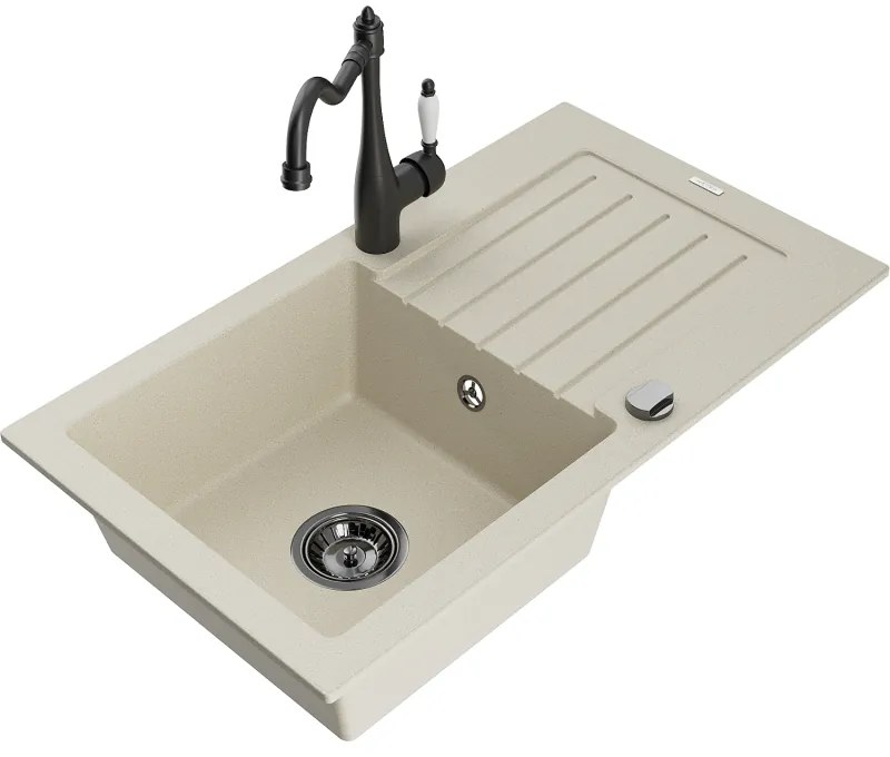 Mexen Pablo, granitový drez 752x436x161 mm, 1-komorový a drezová batéria Carla, béžová, 6510-69-670700-70