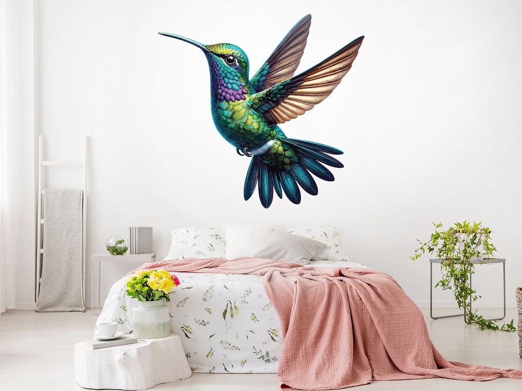 Farebný kolibrík textilní prelepiteľná nálepka na stenu hárok 45 x 42 cm