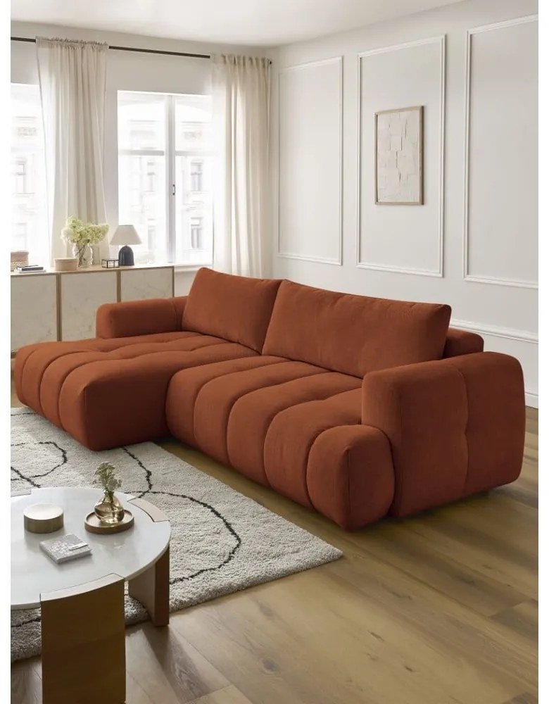 Rozkladacia/s úložným priestorom rohová pohovka v tehlovej farbe (ľavý roh/s leňoškou) Fuji – Bobochic Paris