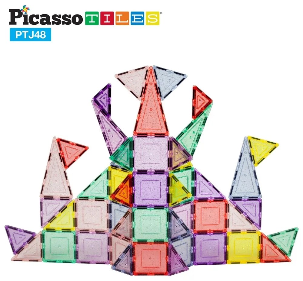 PicassoTiles stavebnica 48 dielikov Magnetické bloky, glitrované