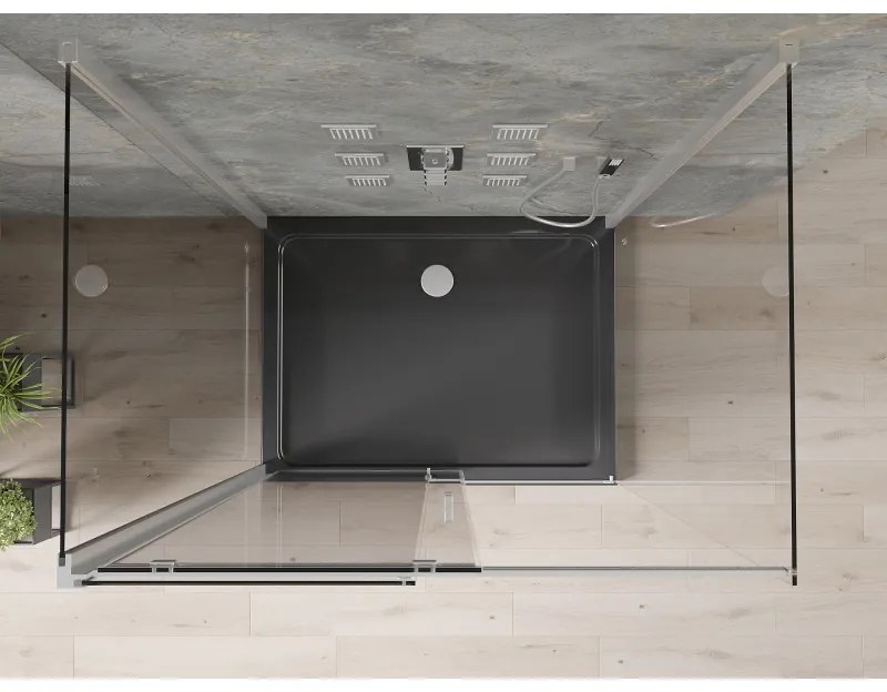 Mexen Omega, 3-stenový sprchovací kút s posuvnými dverami 130 (dvere) x 100 (stena) x 190 cm, 8mm číre sklo, chrómový profil + čierna sprchová vanička SLIM, 825-130-100-01-00-3S-4070