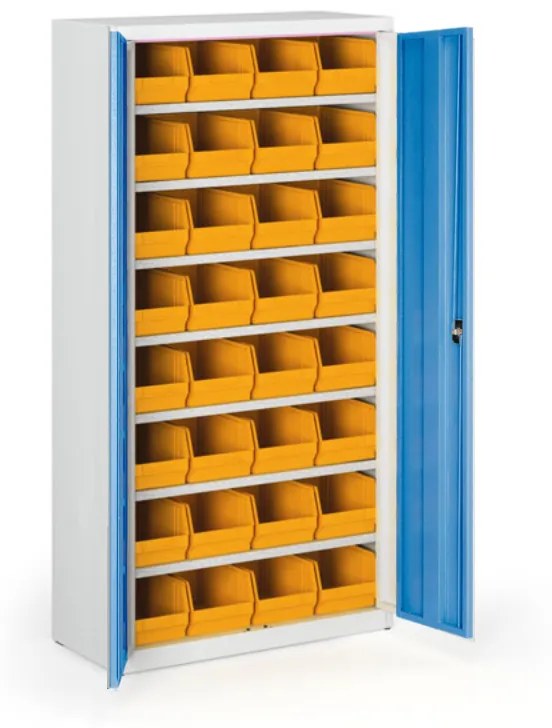 Skriňa s plastovými boxami BASIC - 1800 x 400 x 920 mm, 32xC, sivá / modré dvere