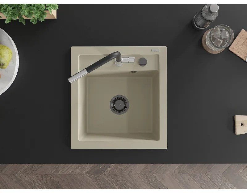 Mexen Vito, 1-komorový granitový drez 490x520x210 mm a drezová batéria Flora, béžová, 6503-69-670401-07-B