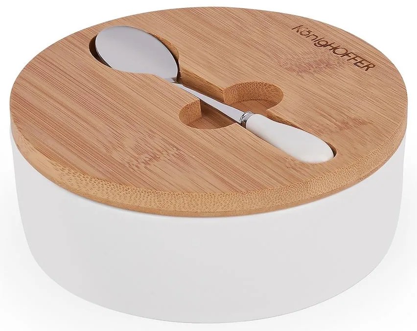 Keramická cukornička s bambusovým vekom 14,5x5 cm biela  + lyžička