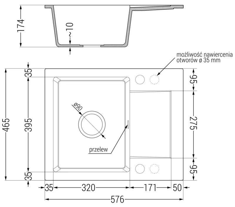 Mexen Enzo, granitový drez 576x465x174 mm, 1-komorový a chrómová batéria Rita, čierna-zlatá metalíza, 6506-75-670300-00