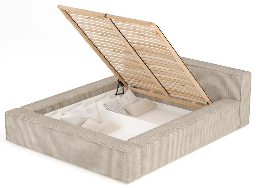 Béžová čalúnená dvojlôžková posteľ s úložným priestorom s roštom 140x200 cm Voliera – Maison de Rêve