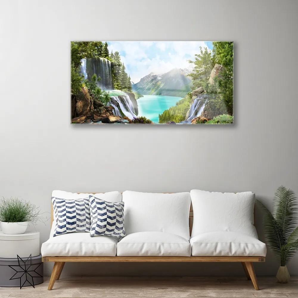 Skleneny obraz Záliv vodopád hory 125x50 cm