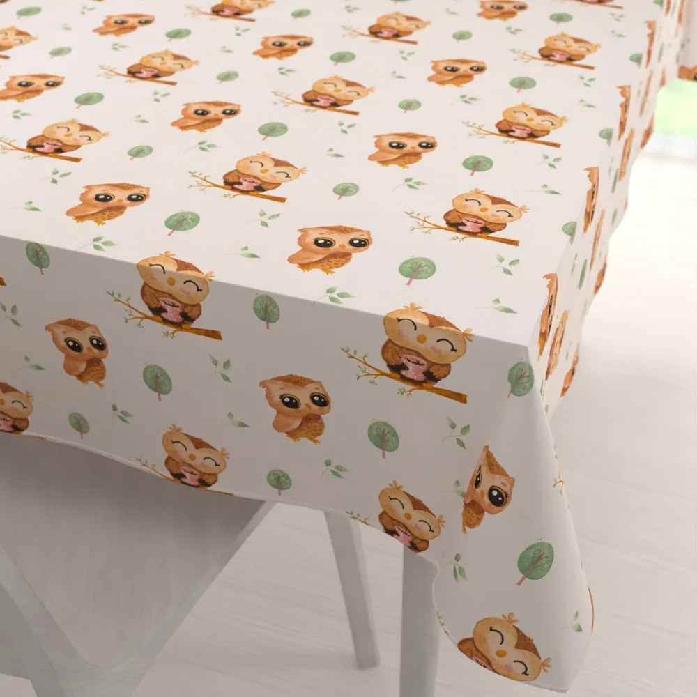 Biante Detský bavlnený obdĺžnikový obrus Sandra SA-616 Sovičky na vetvičkách na bielom 140x220 cm