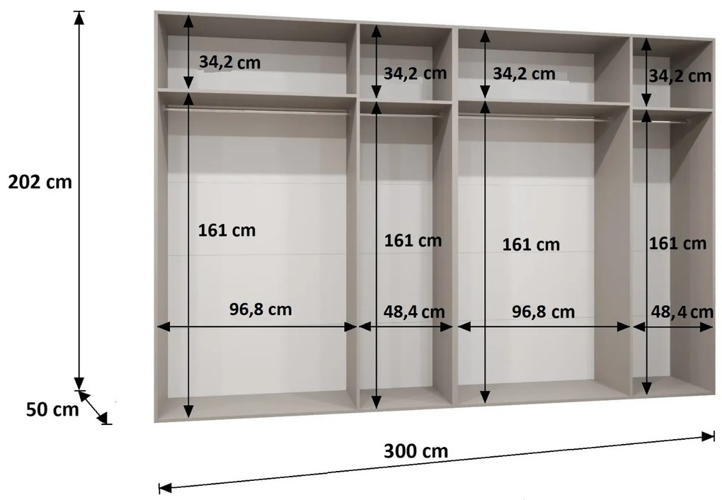 Šatníková skriňa 300 cm Borry 2 (kašmír + strieborná). Vlastná spoľahlivá doprava až k Vám domov. 1125853