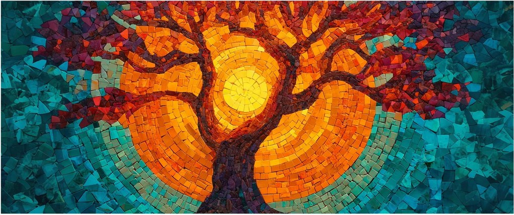 Obraz - Strom života a slnko v mozaike (120x50 cm)
