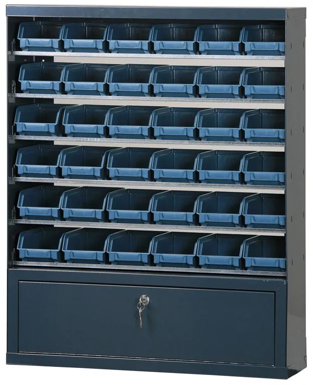 Závesný regál s plastovými boxmi BASIC a priehradkou, 36 boxov