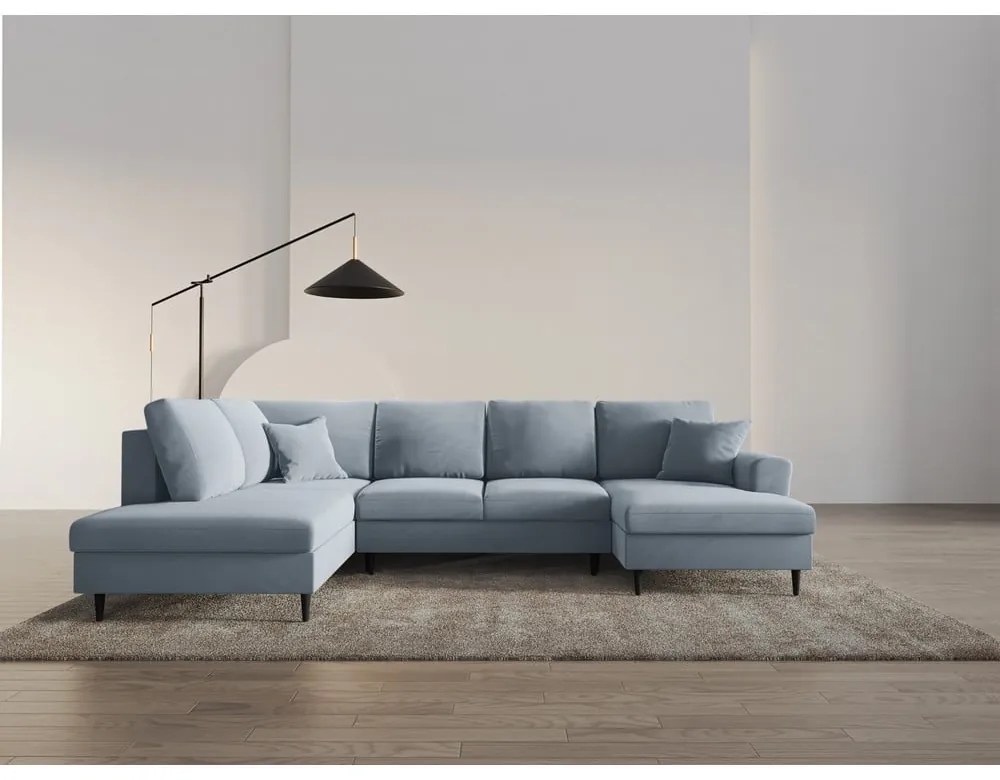 Svetlomodrá zamatová rozkladacia/s úložným priestorom rohová pohovka (ľavý roh/do "U") Kyoto – Cosmopolitan Design