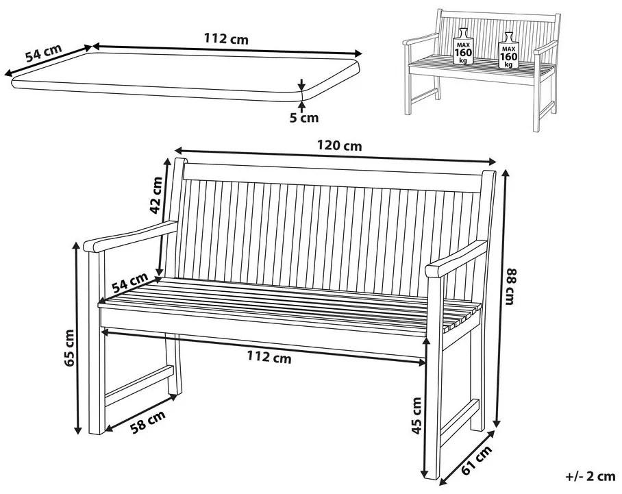 Záhradná lavica 120 cm VESTFOLD (drevo) (modrý podsedák). Vlastná spoľahlivá doprava až k Vám domov. 1022846