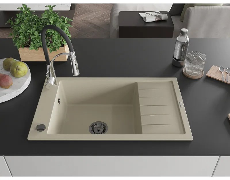 Mexen Elias, 1-komorový granitový drez 795x480x200 mm a drezová batéria Aster, béžová, 6511-69-73450-07-B